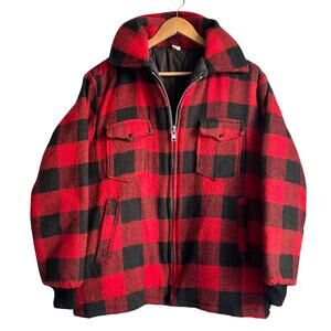 Vintage 60's-70's Red Wool Buffalo Plaid Zip Up Quilted Flannel Jacket Medium